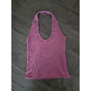 Zara Pink Ribbed Grommet Halter Top Deep V-Neck Y2K Summer Tank Medium
